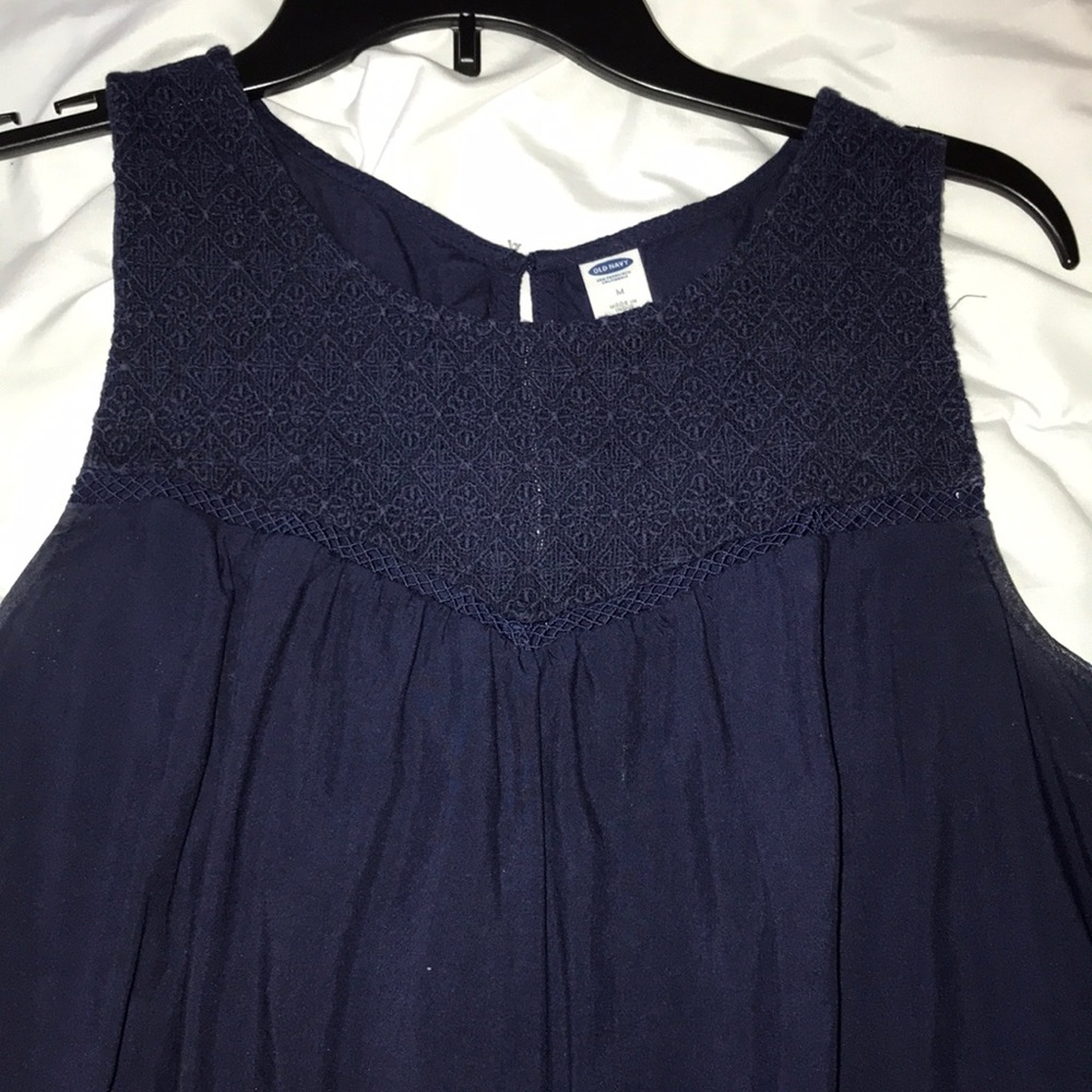 navy blue tank top with embroidery at top